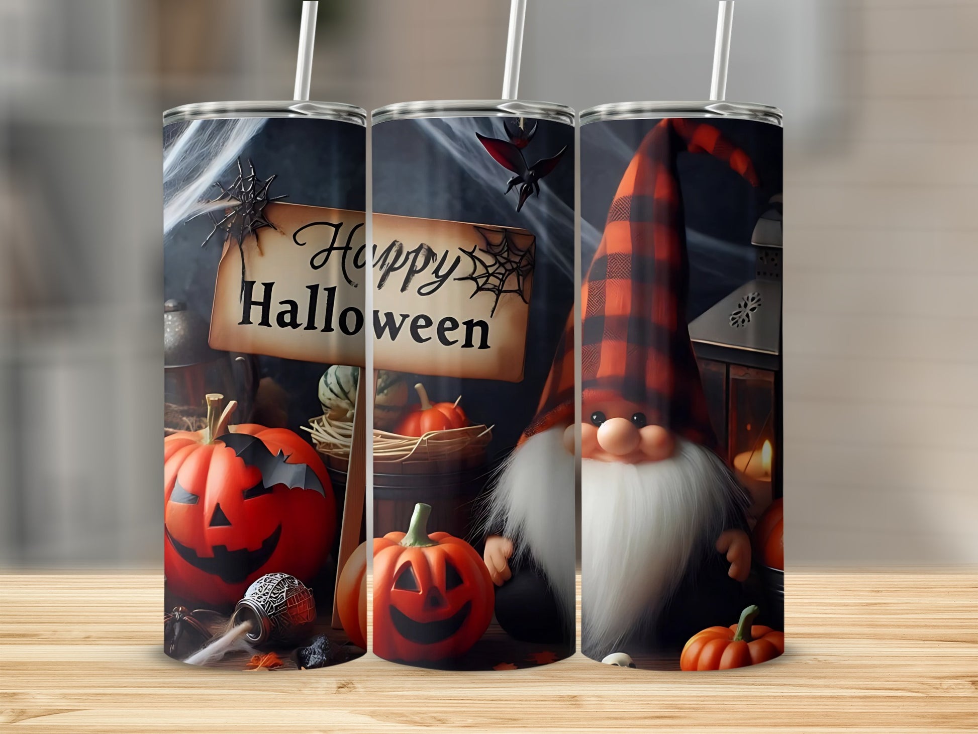 Halloween gnome with pumpkins and "Happy Halloween" sign on a tumbler.