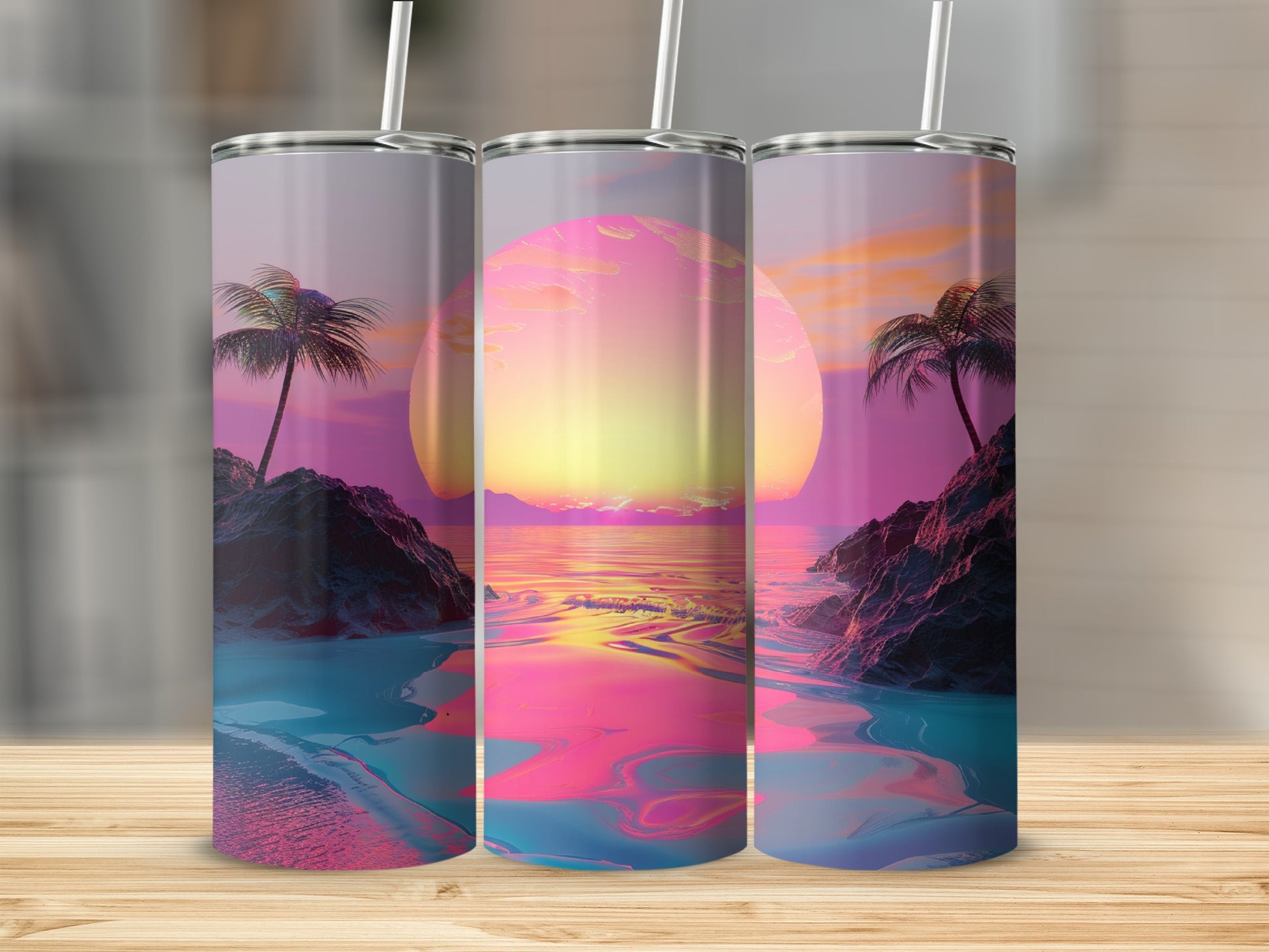 Three tumblers featuring a tropical sunset with palm trees and ocean.
