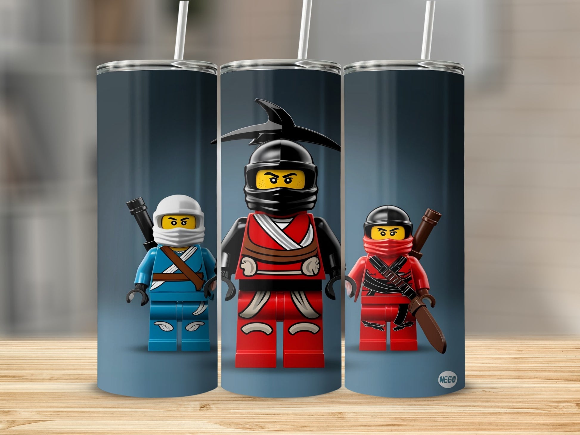 Three Lego Ninjago characters on a cylindrical tumbler with a wooden background.