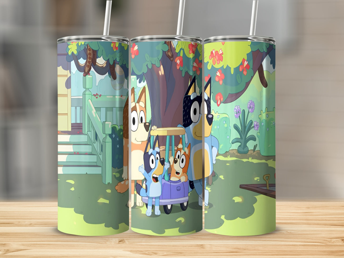 Bluey characters in a wagon in a backyard scene on a tumbler.