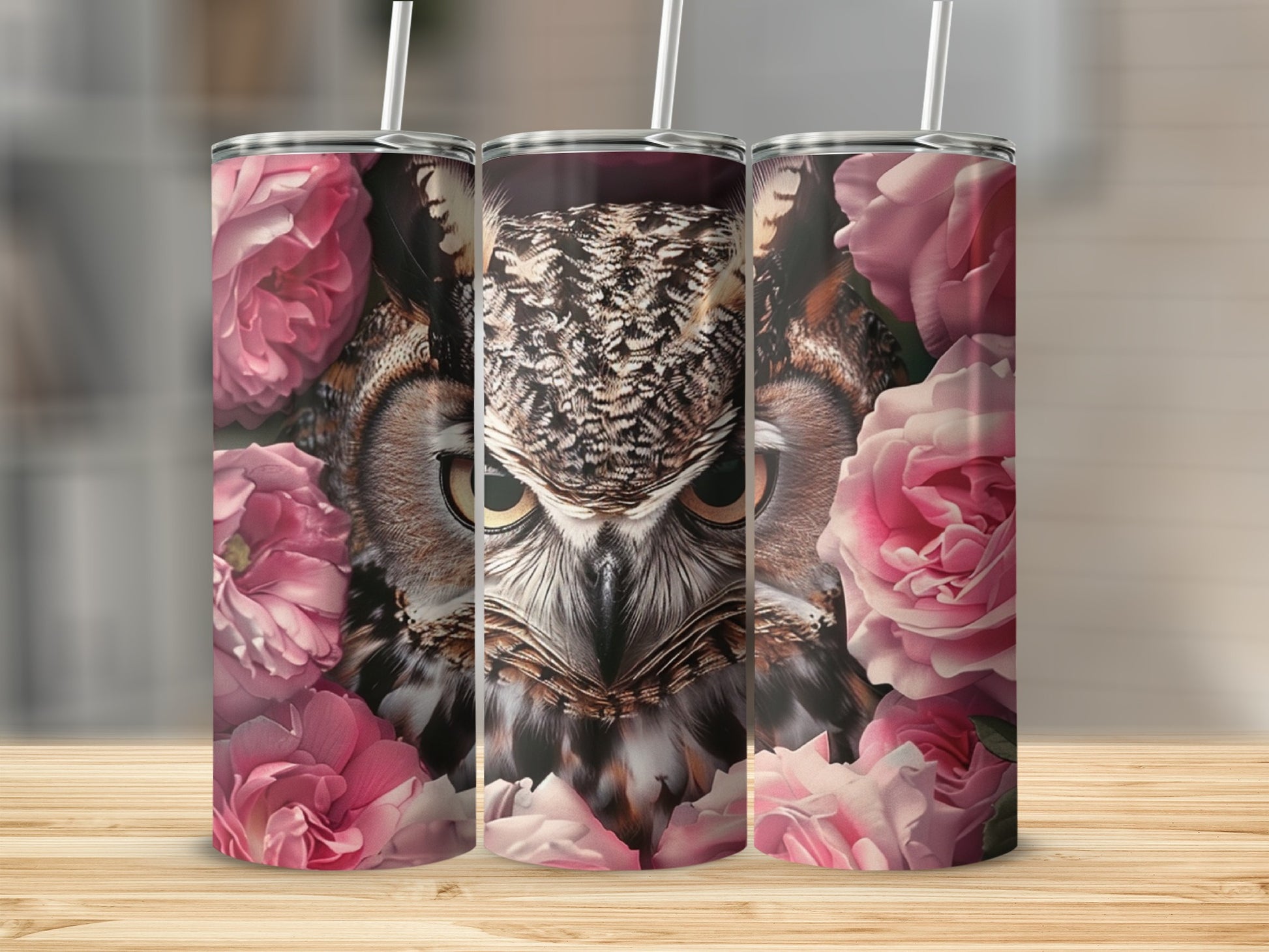 Owl and pink roses design on three tumblers.
