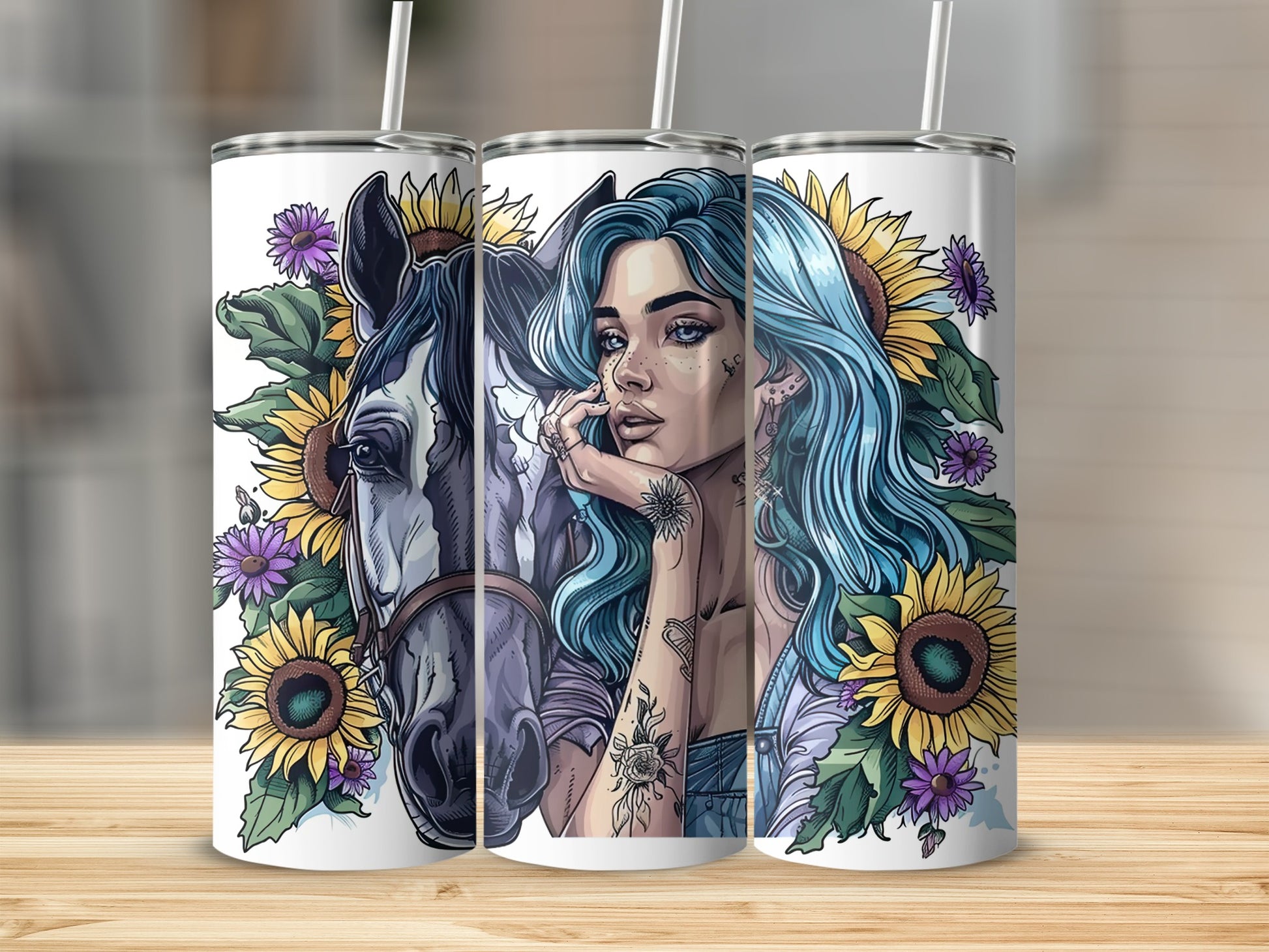 Woman with blue hair and horse in front of sunflowers on a tumbler.