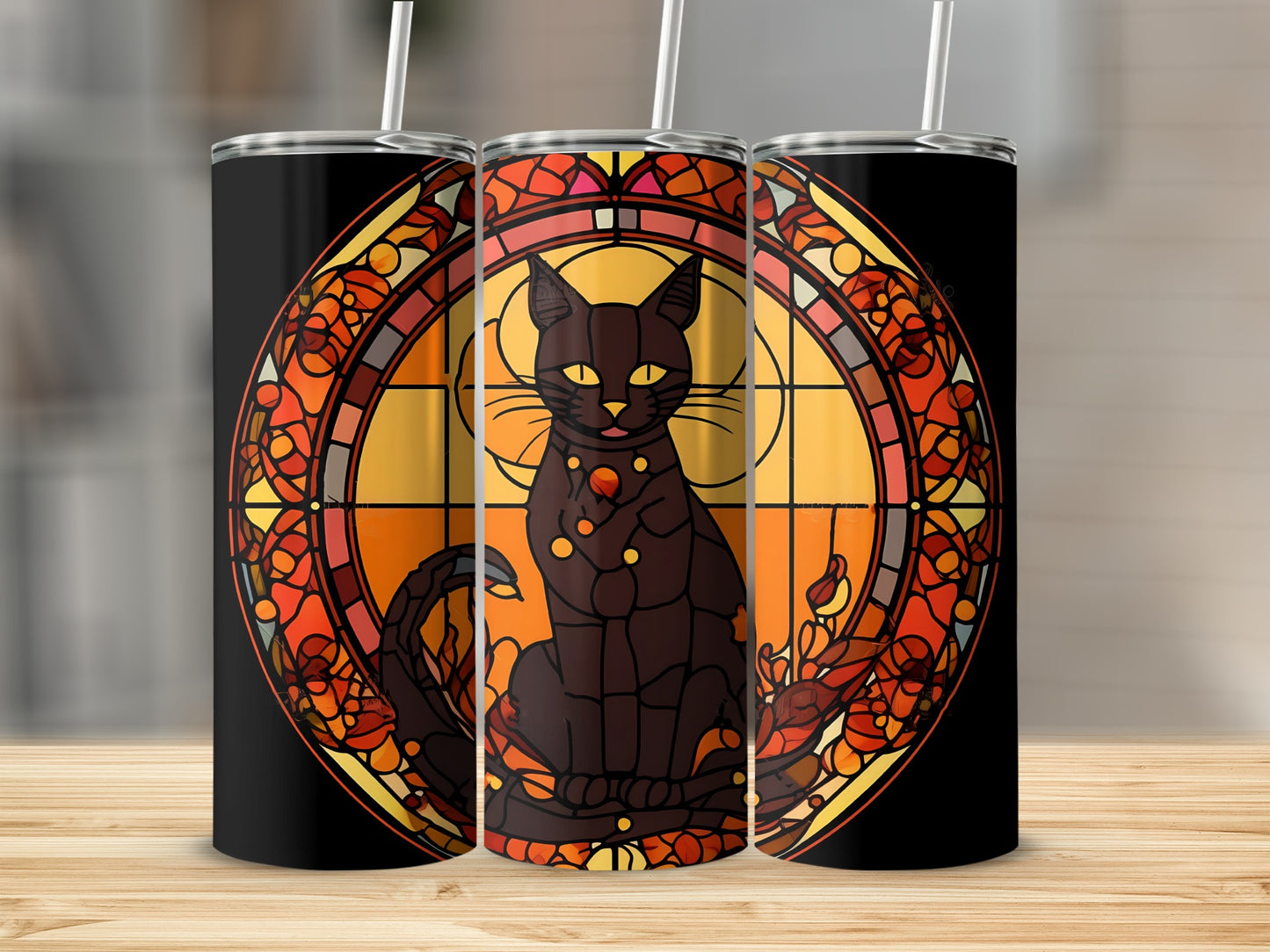 Black cat with yellow eyes sits within a stained-glass inspired sunburst design.