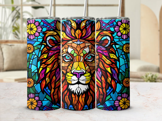 Stained glass lion with floral accents on three tumblers.