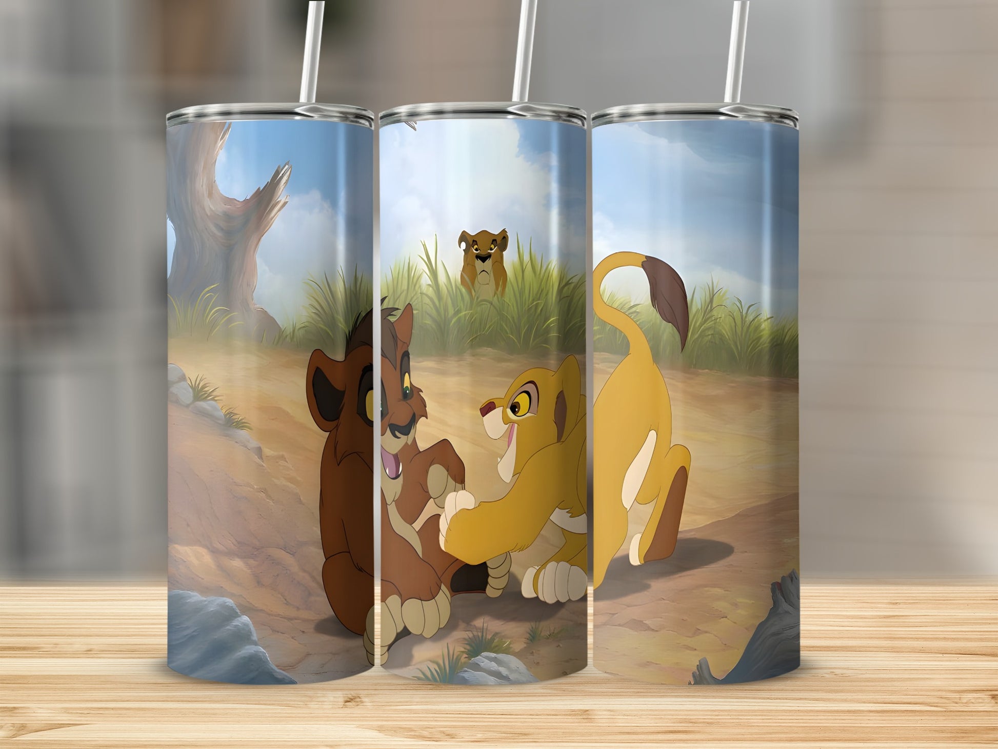 Simba and Nala playing, with Scar in the background.