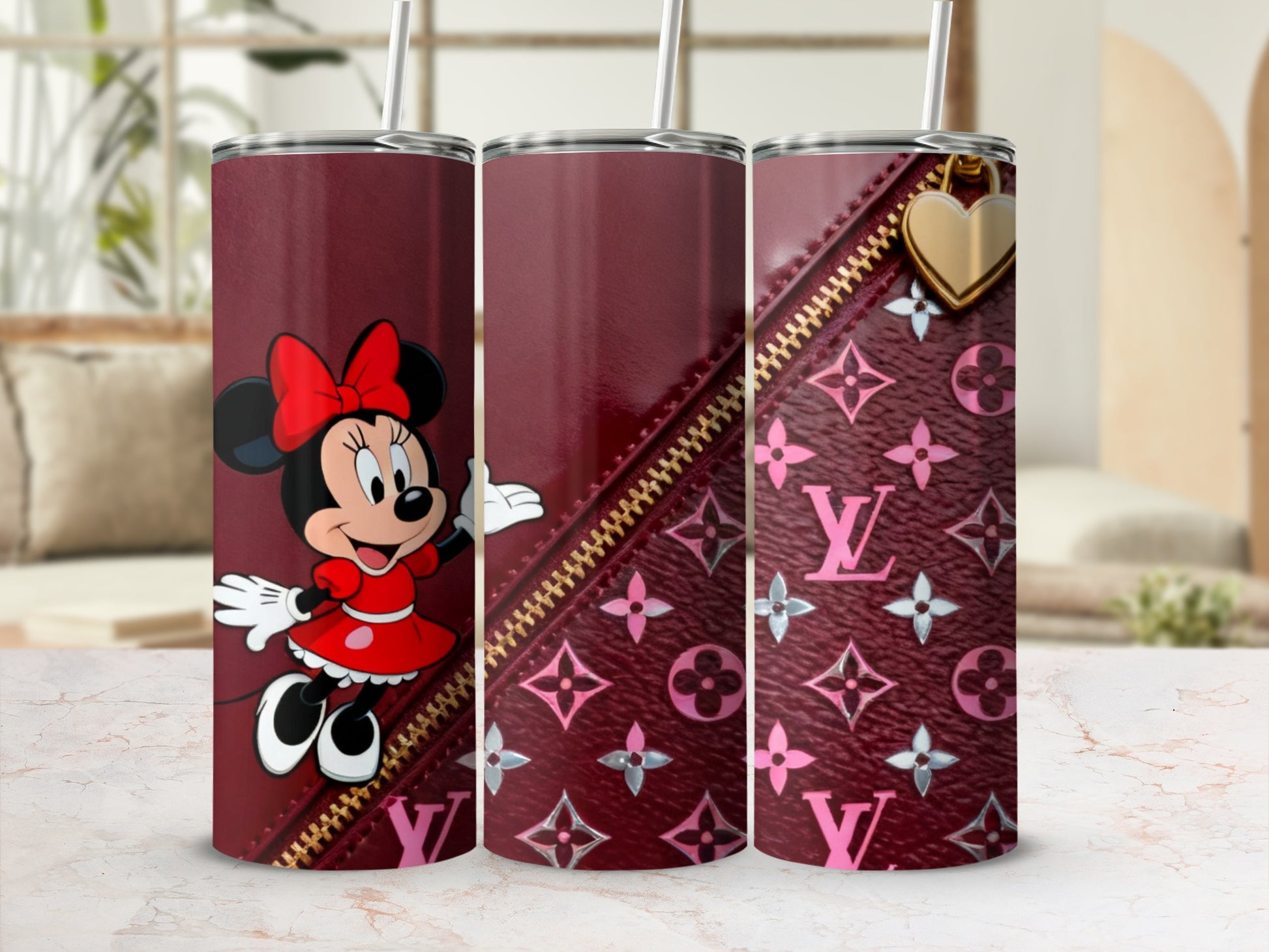 Minnie Mouse on burgundy tumbler with LV pattern and gold zipper detail.