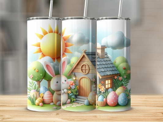 Easter scene with bunnies, decorated eggs, and a house, printed on three tumblers.