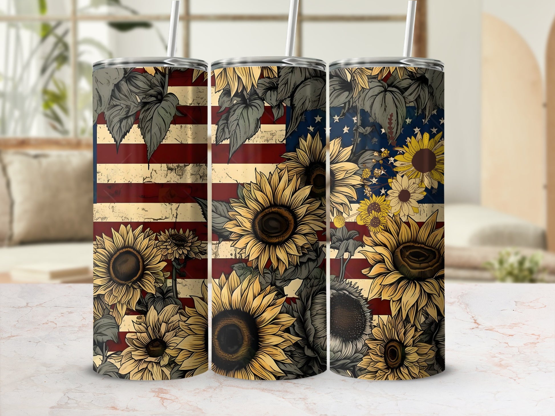 Vintage Sunflower American Flag Tumbler Cup product