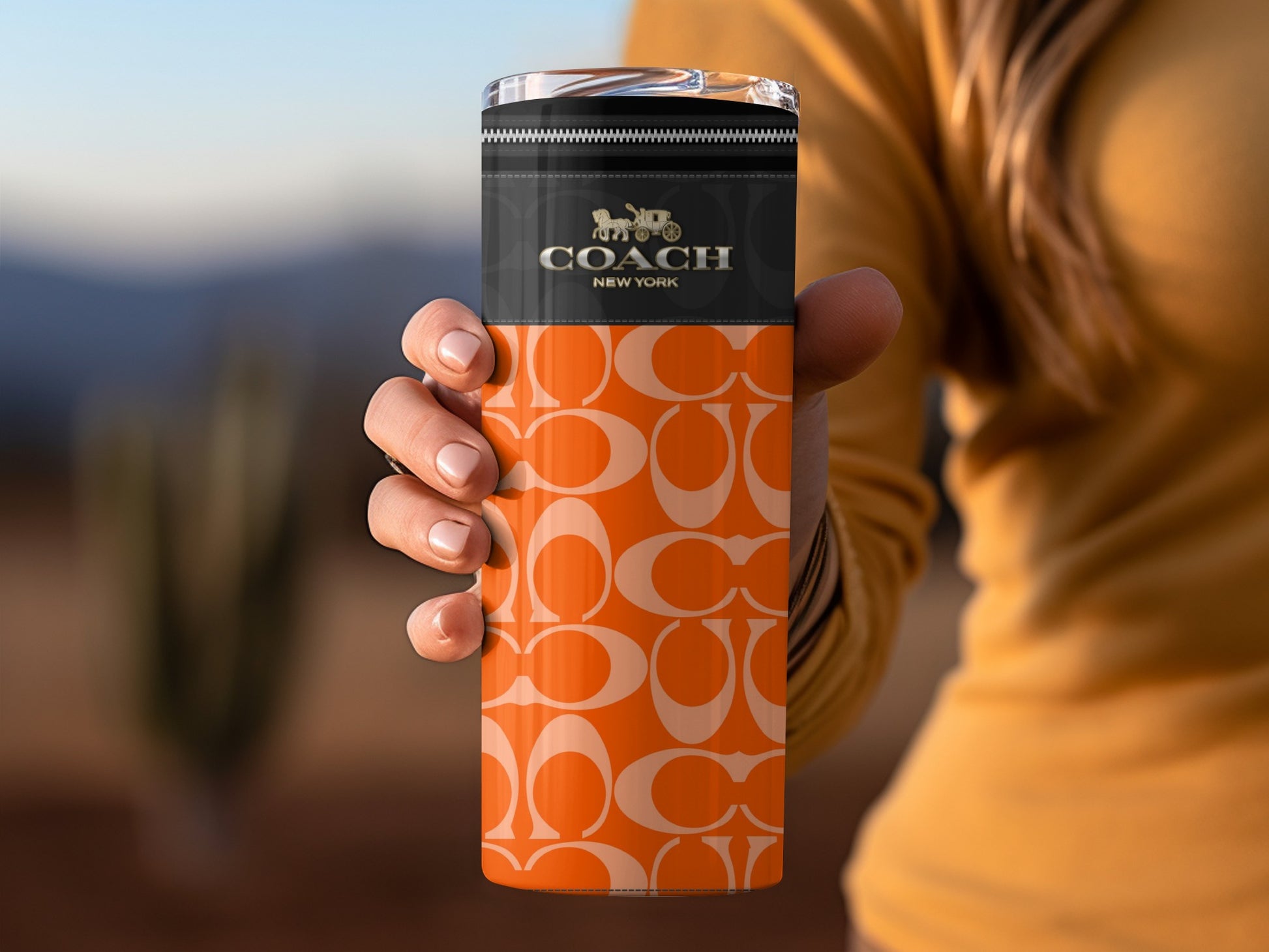 Stylish Coach New York Travel Mug With Orange Pattern