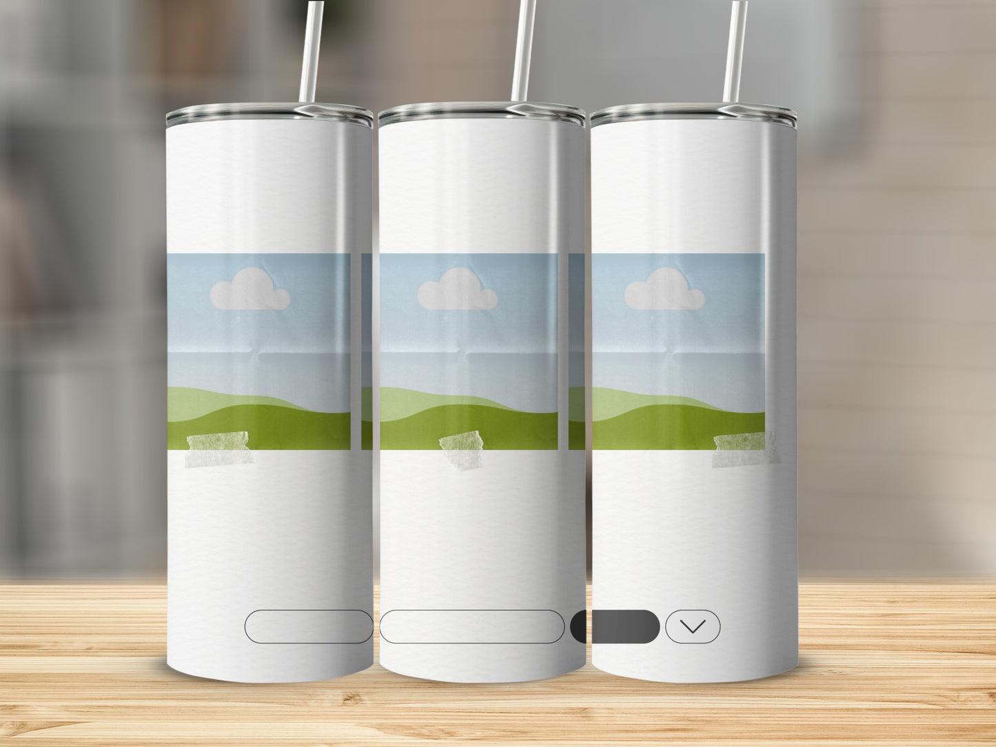 Three white tumblers with a green landscape and blue sky design.