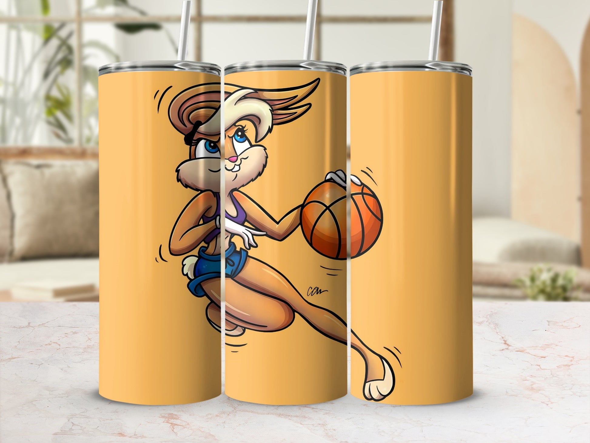 Female Cartoon Character with Basketball Tumbler Cup