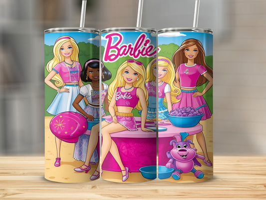 Three Barbie dolls with a pink dog and bowl of berries on a table.