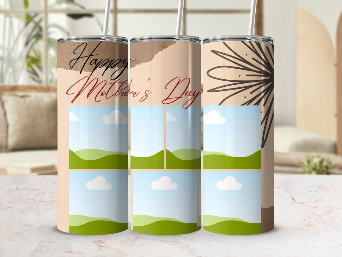 Tumblers with "Happy Mother's Day" text and photo frames for landscapes and clouds.