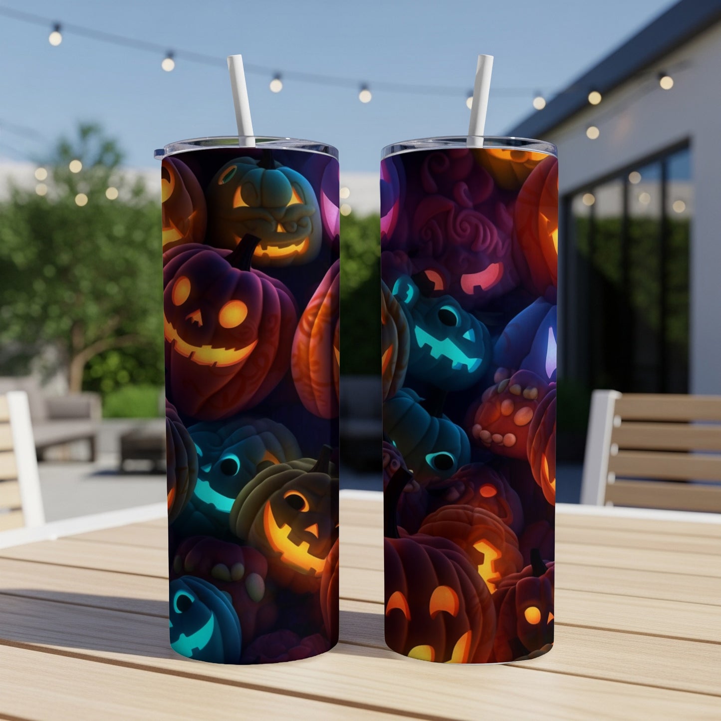 Two tumblers with glowing jack-o'-lantern faces and spooky Halloween designs.