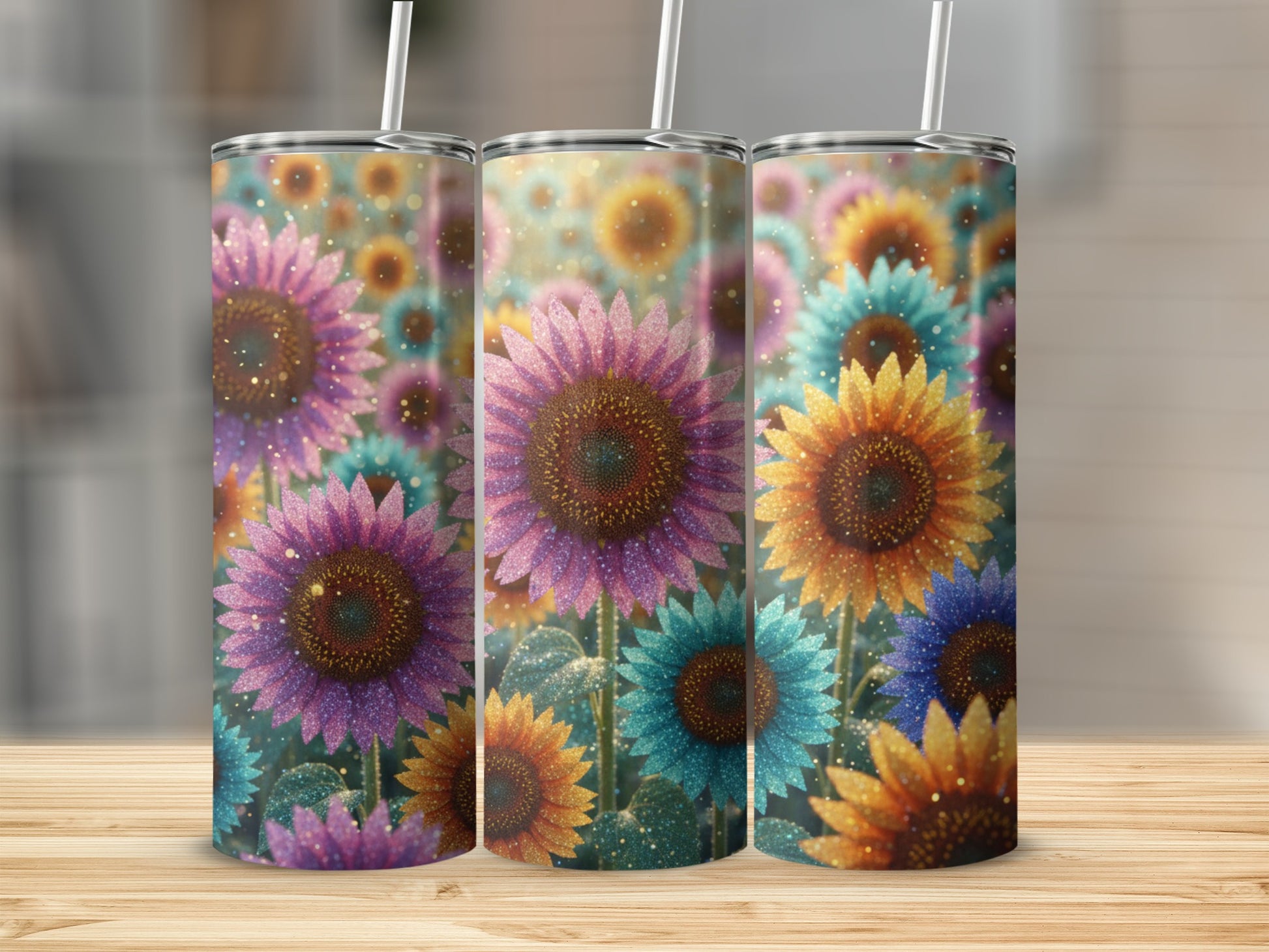 Vibrant colorful sunflower tumbler with glitter effect