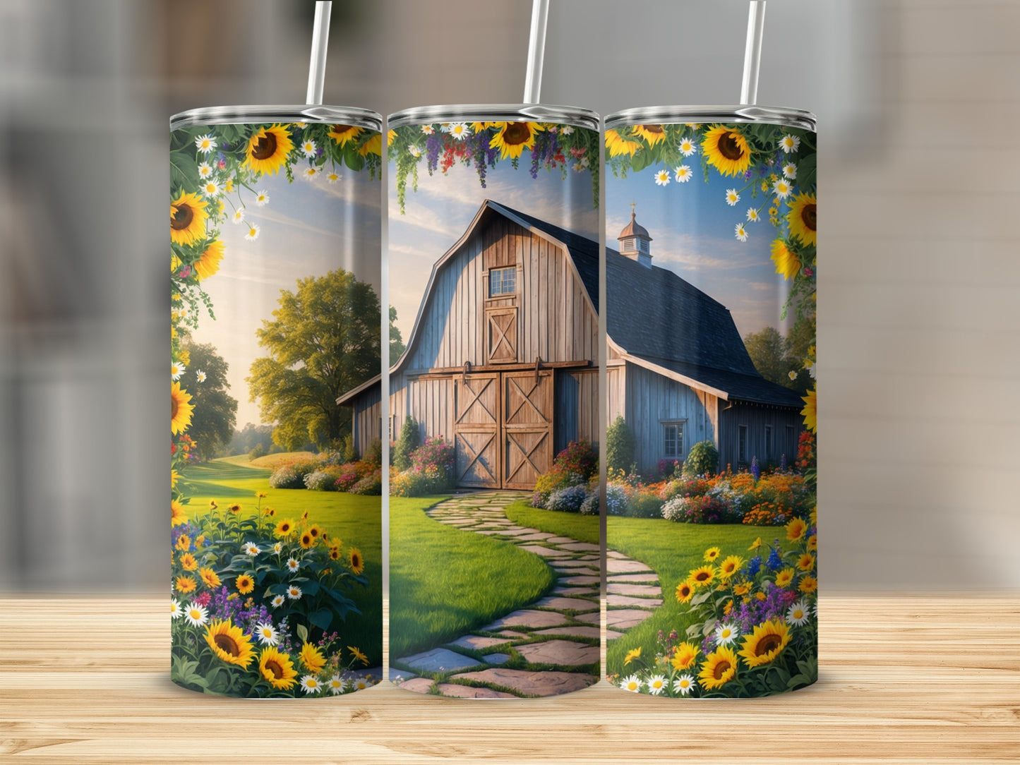 Farmhouse barn surrounded by sunflowers and flowers, with a stone path.
