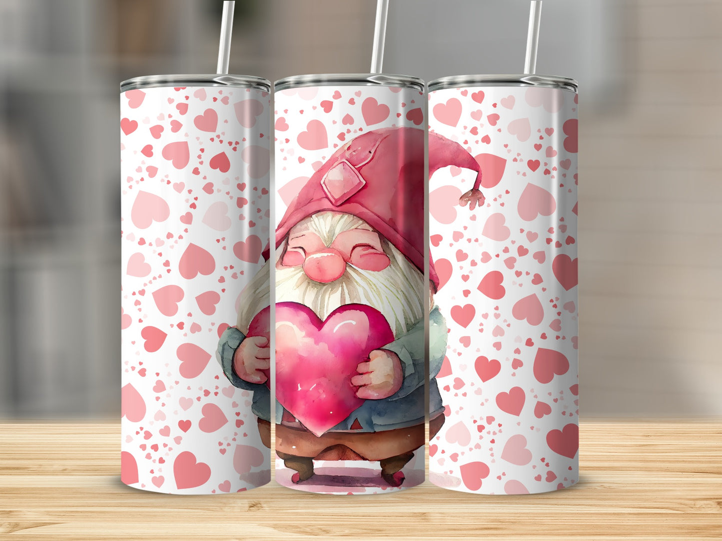Valentine's Day Gnome Holding Heart Cup with Straw
