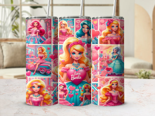 Collage of Barbie illustrations with hearts, roses, and gift boxes on pink backgrounds.
