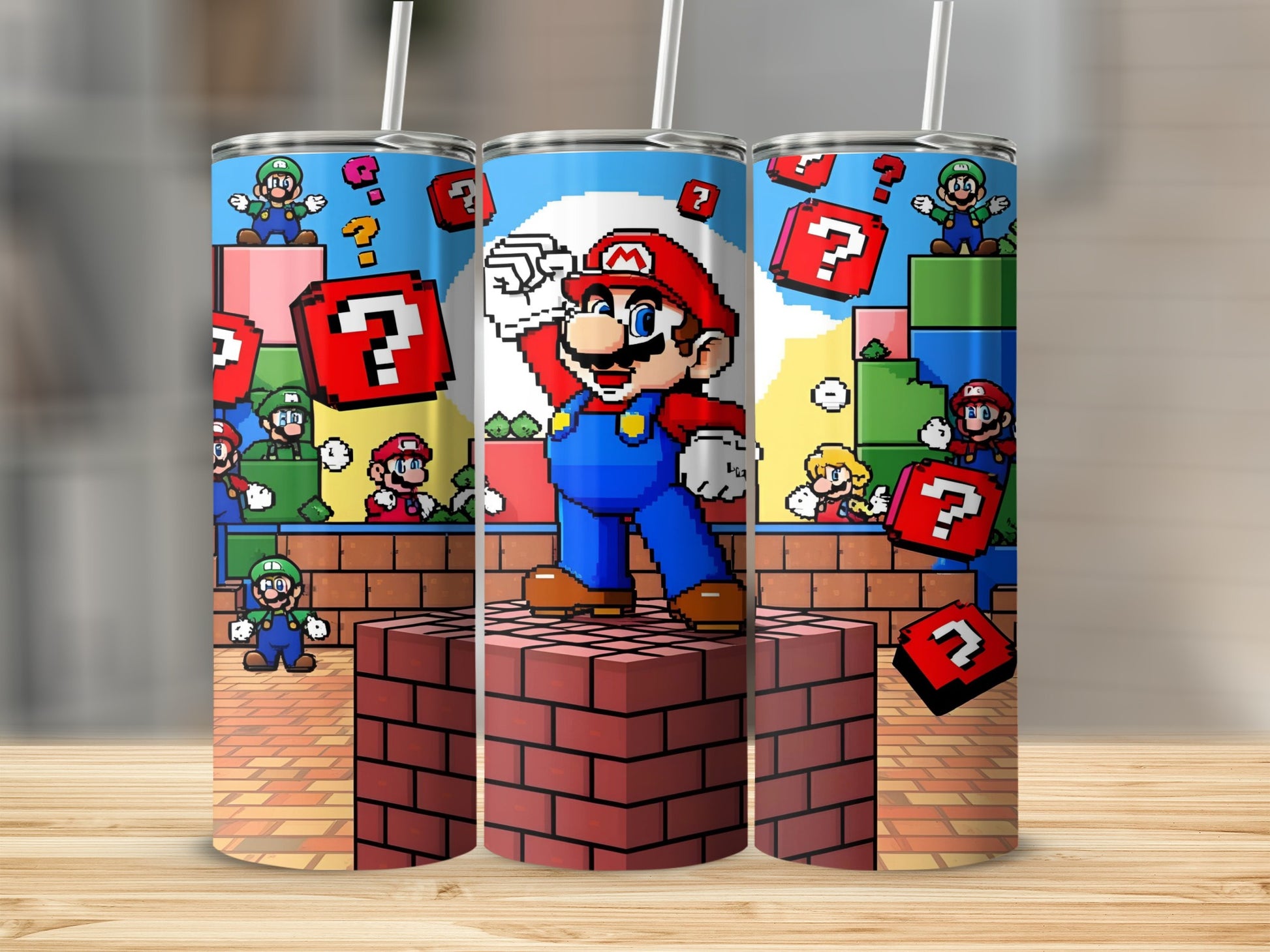Mario characters from Nintendo games on a brick platform.