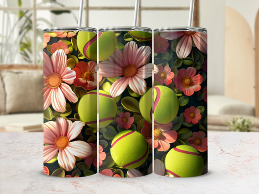 Tennis balls and pink flowers pattern on three tumblers with straws.