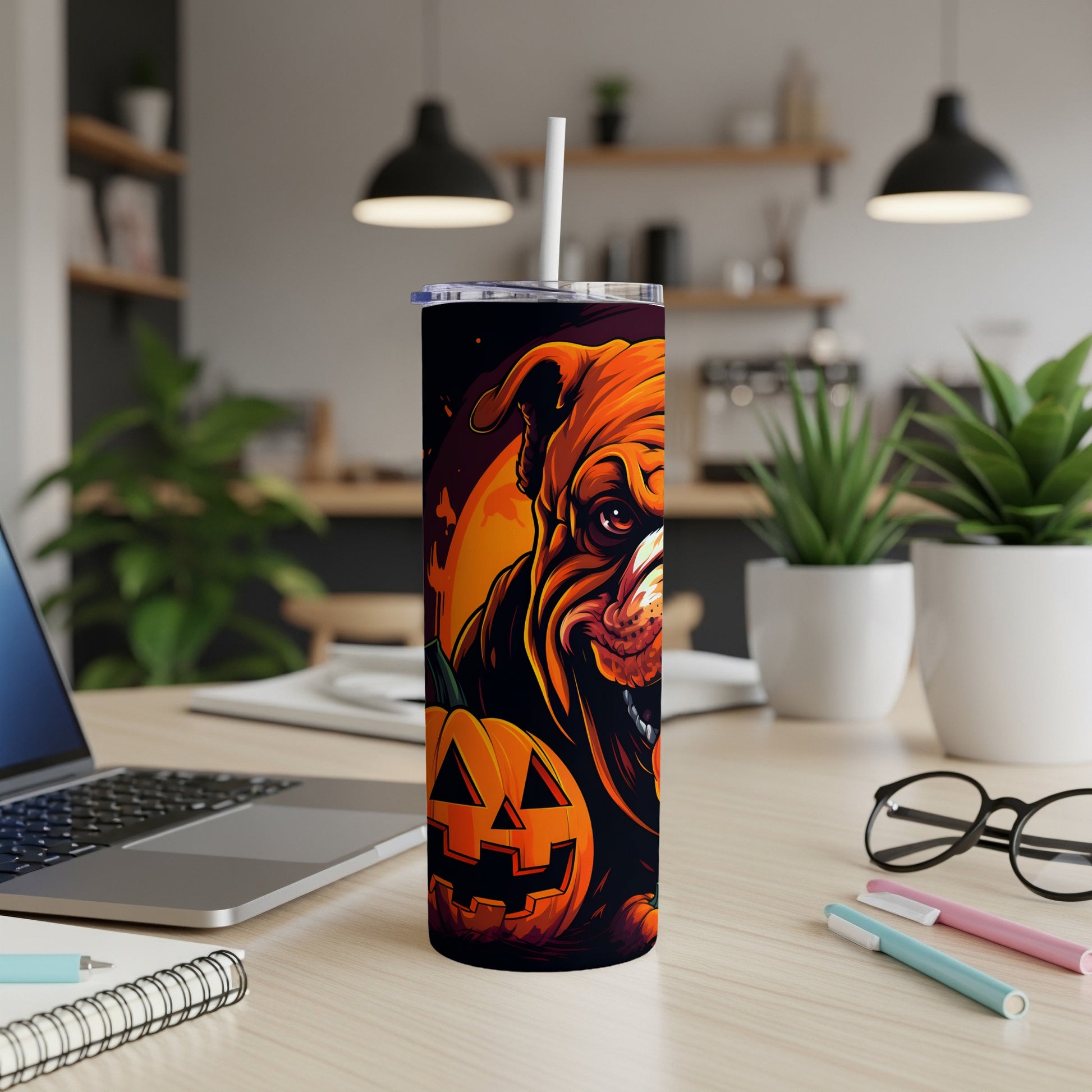 Tumbler with a spooky bulldog and jack-o'-lantern Halloween design.