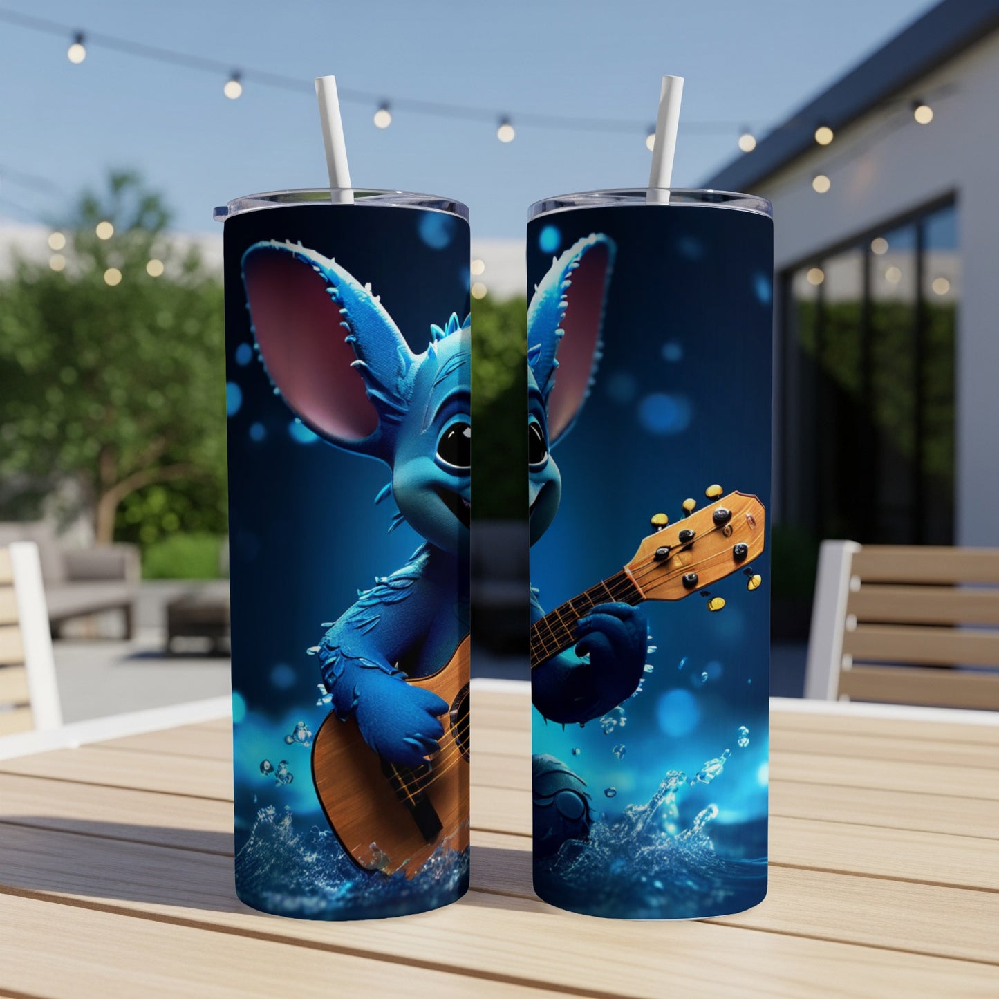 Blue cartoon character with large ears playing guitar, on a tumbler.