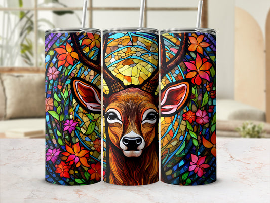 Deer with stained glass floral pattern on a tumbler.
