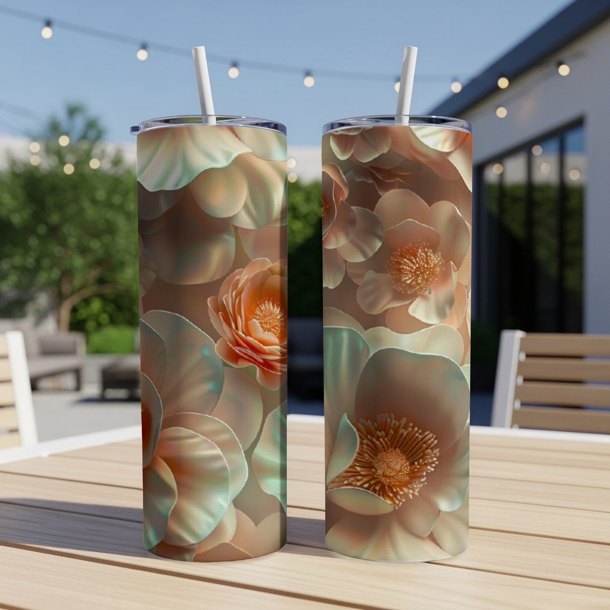 Two tall tumblers with a floral pattern featuring muted peach and green tones.