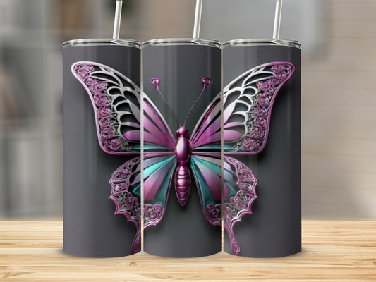 Triptych of tumblers featuring a pink and teal metallic butterfly design.