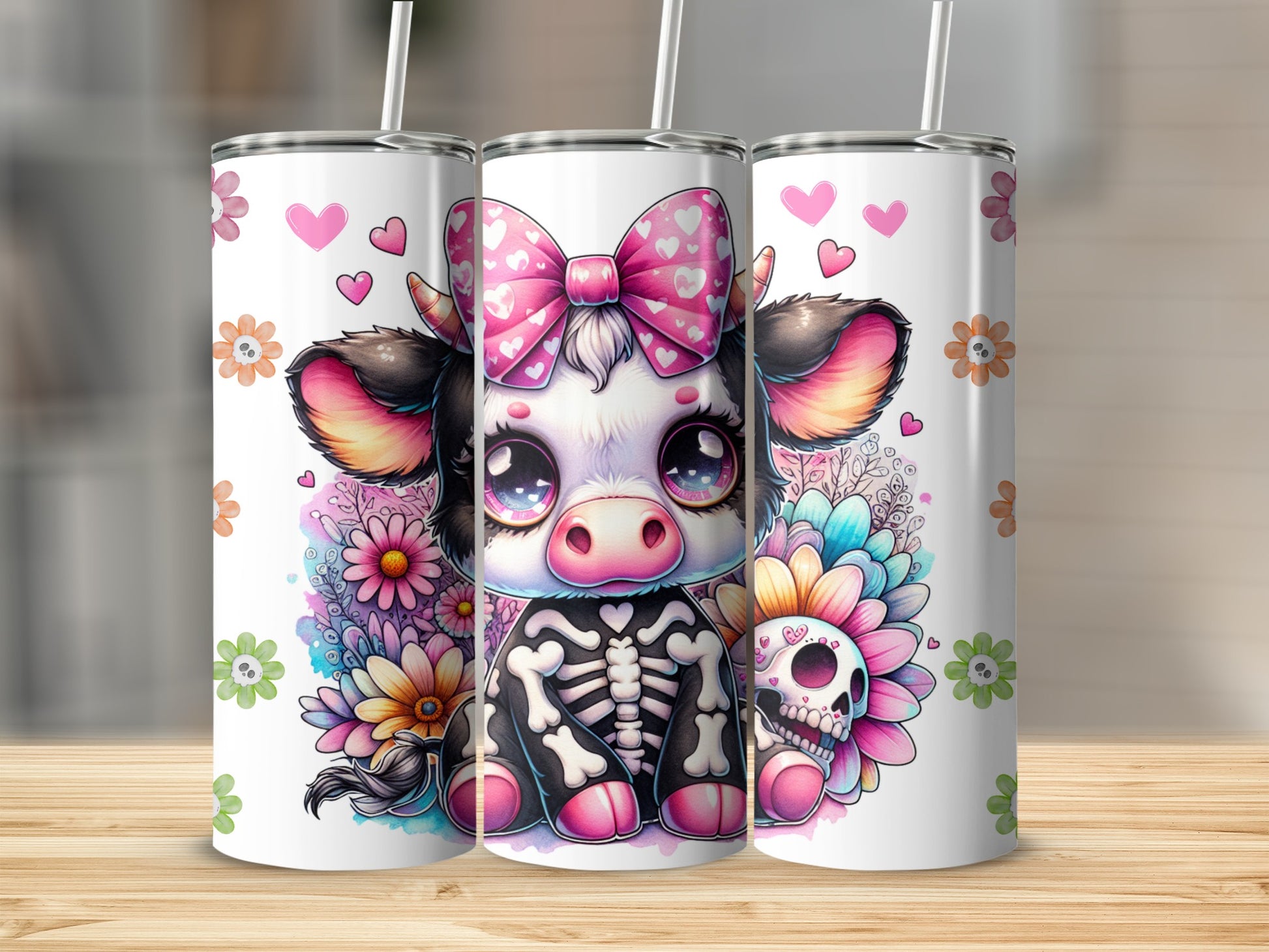 Cute cartoon cow in skeleton costume with flowers and skulls on a tumbler.