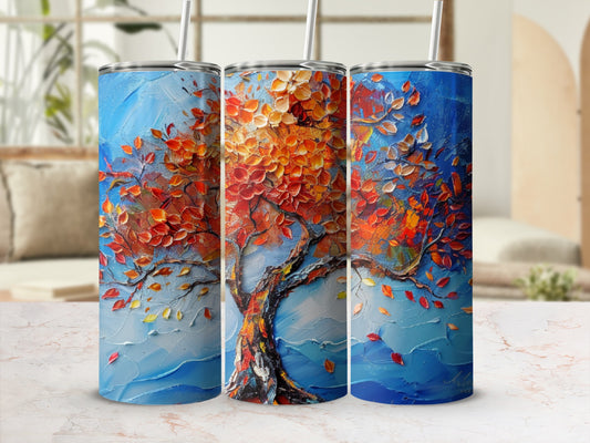 Three tumblers featuring a textured painting of a vibrant autumn tree with falling leaves.