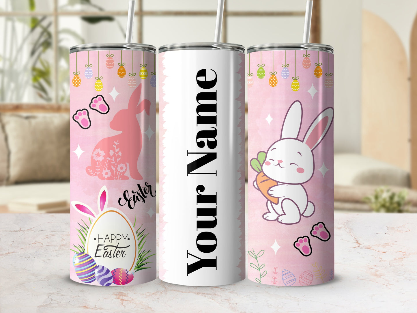 Personalized Happy Easter Bunny Themed Drink Tumbler