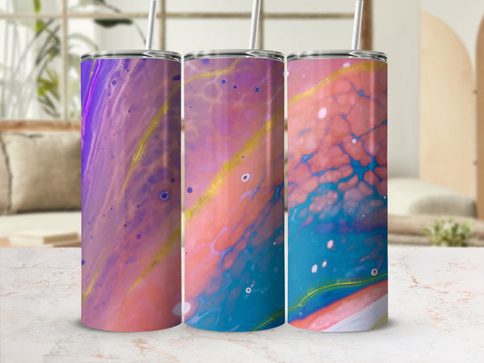 Three tumblers with abstract fluid art patterns in purple, pink, and blue hues.