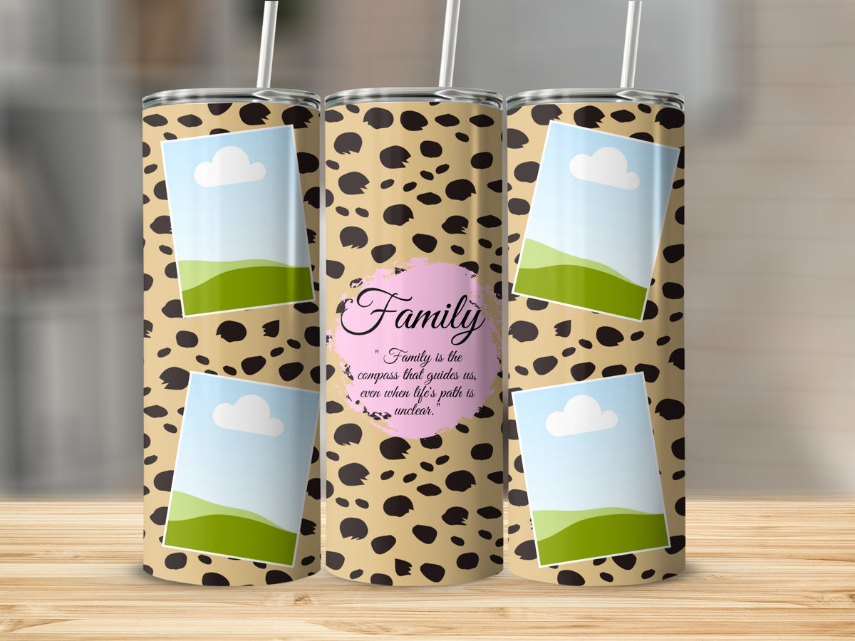 Leopard print tumblers with photo placeholders and "Family" quote.