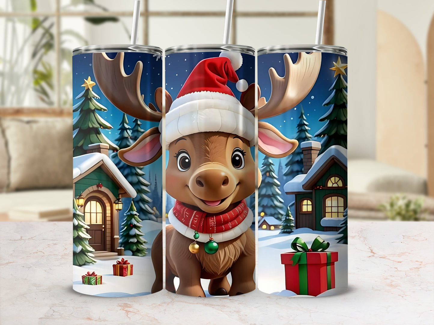 Festive Reindeer Christmas Scene Tumbler Flask