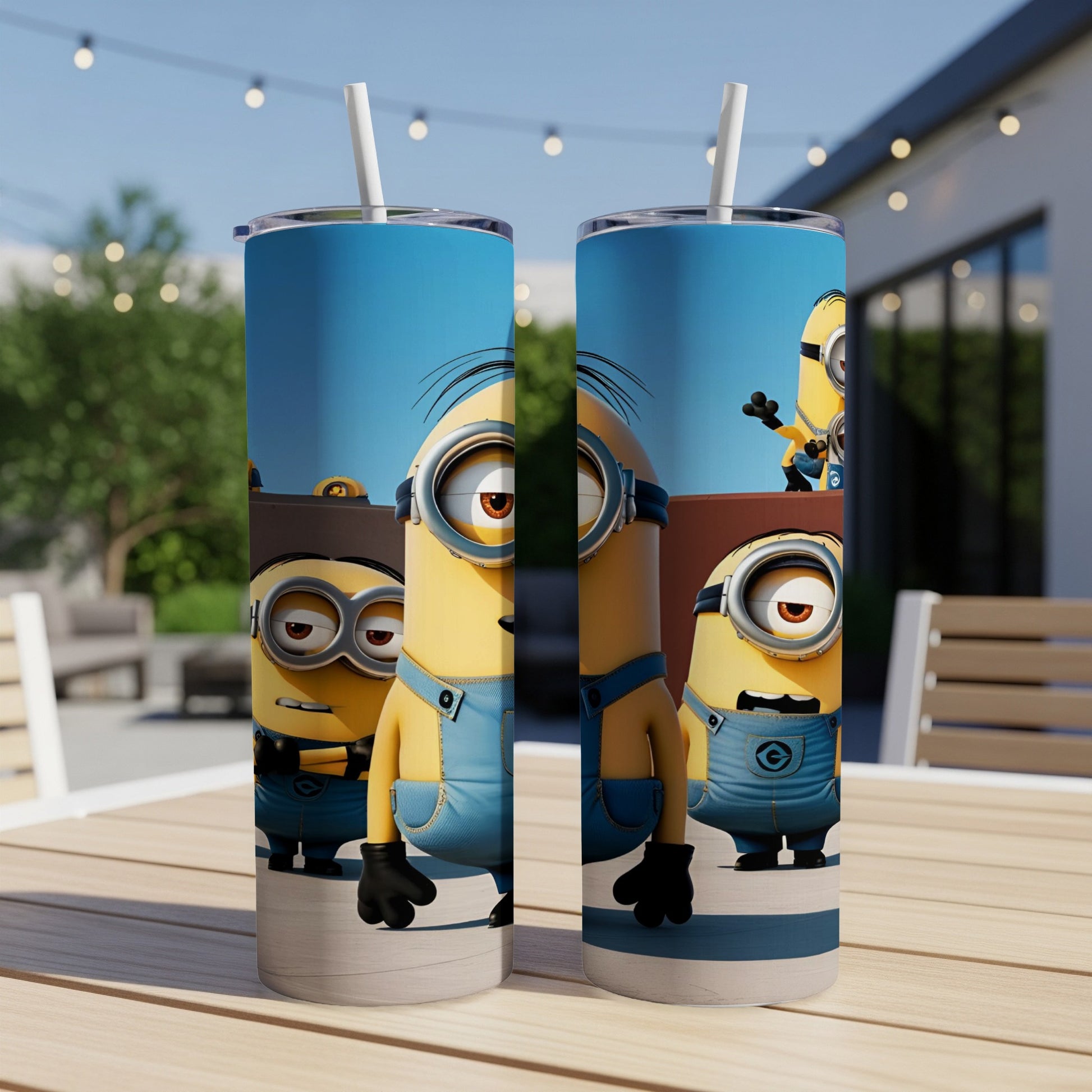 Two tall tumblers with Minions characters in blue overalls.
