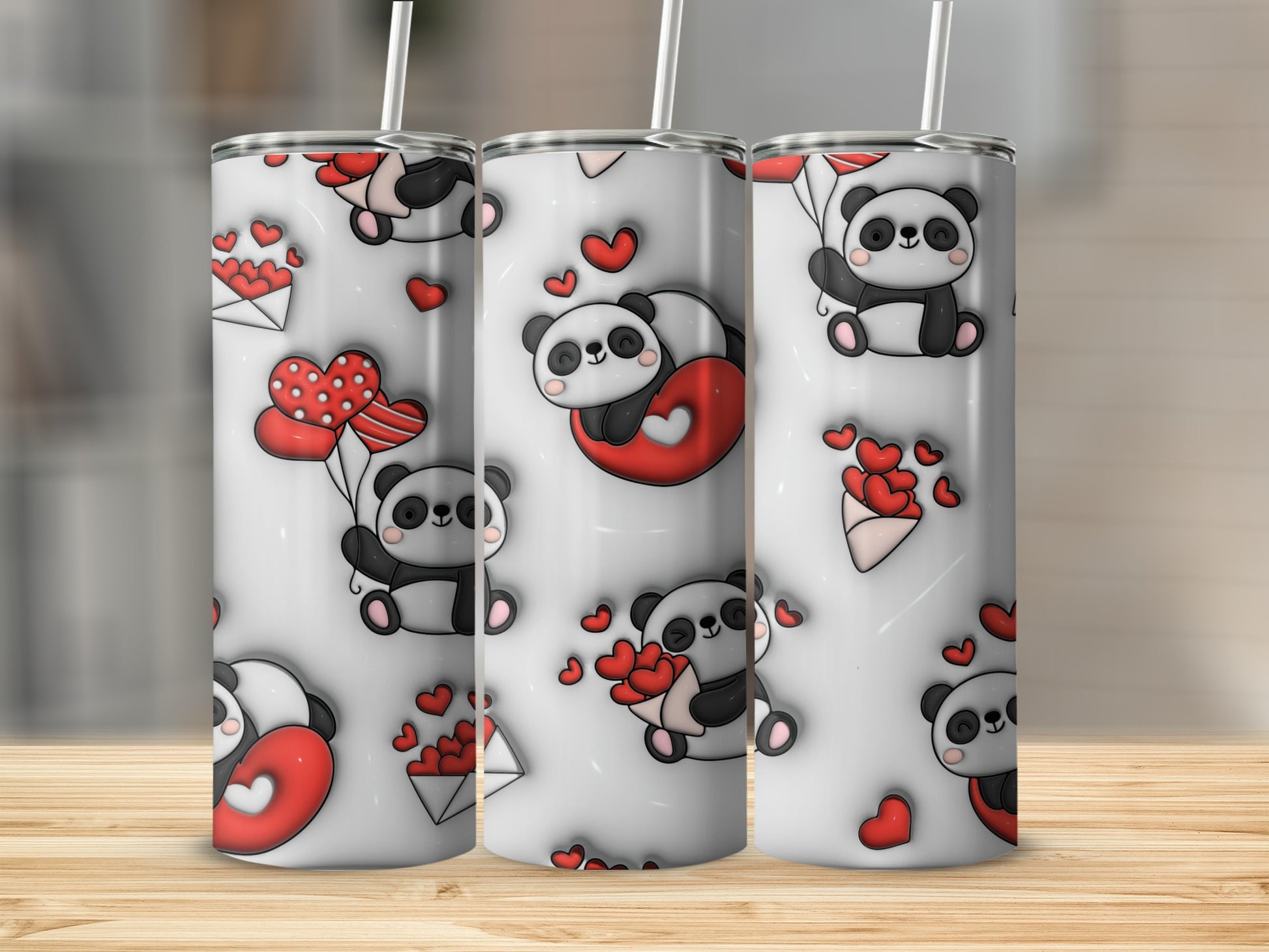 Cute Panda with Hearts and Balloons Tumbler Cup