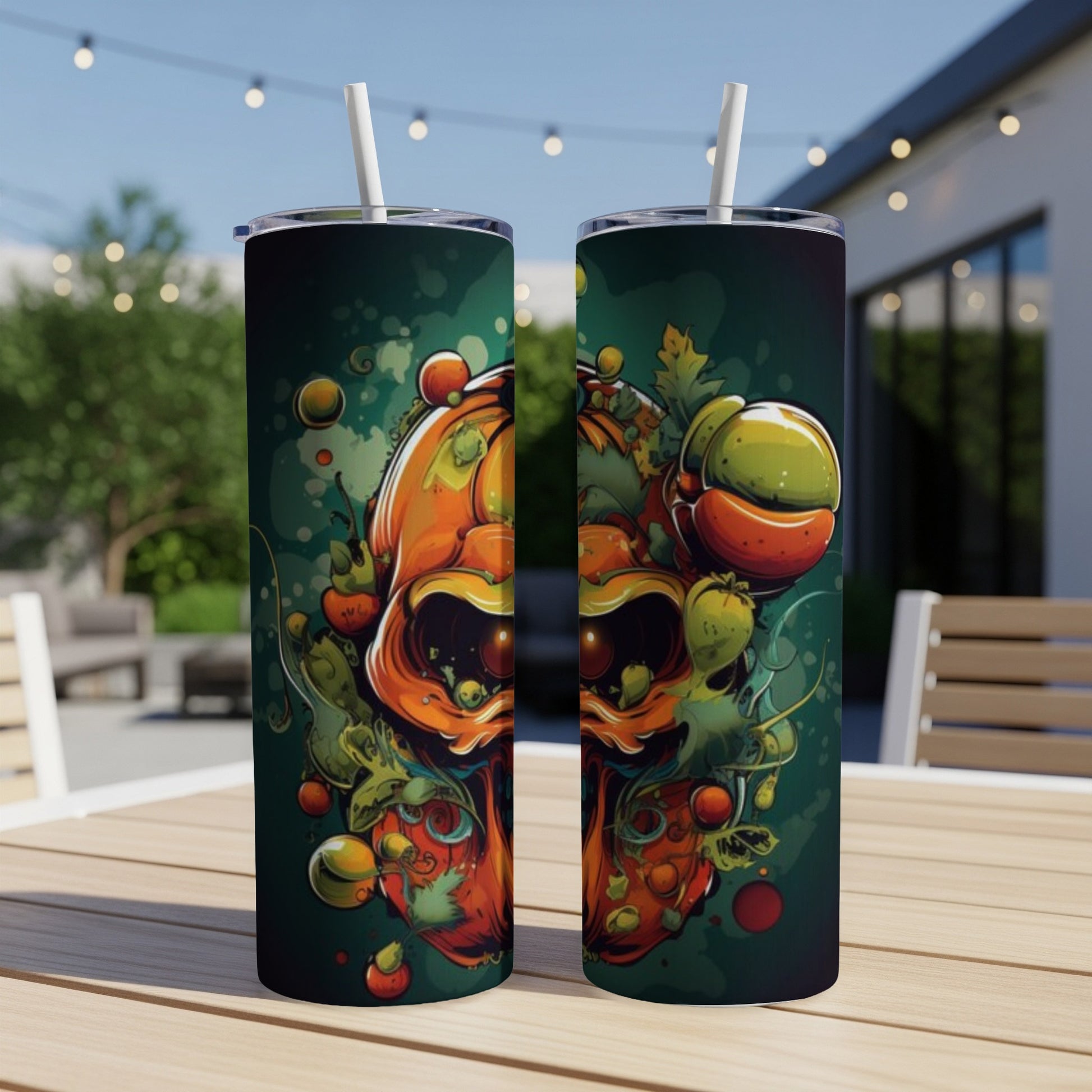 Two tumblers with a vibrant, spooky pumpkin and autumn leaf design.