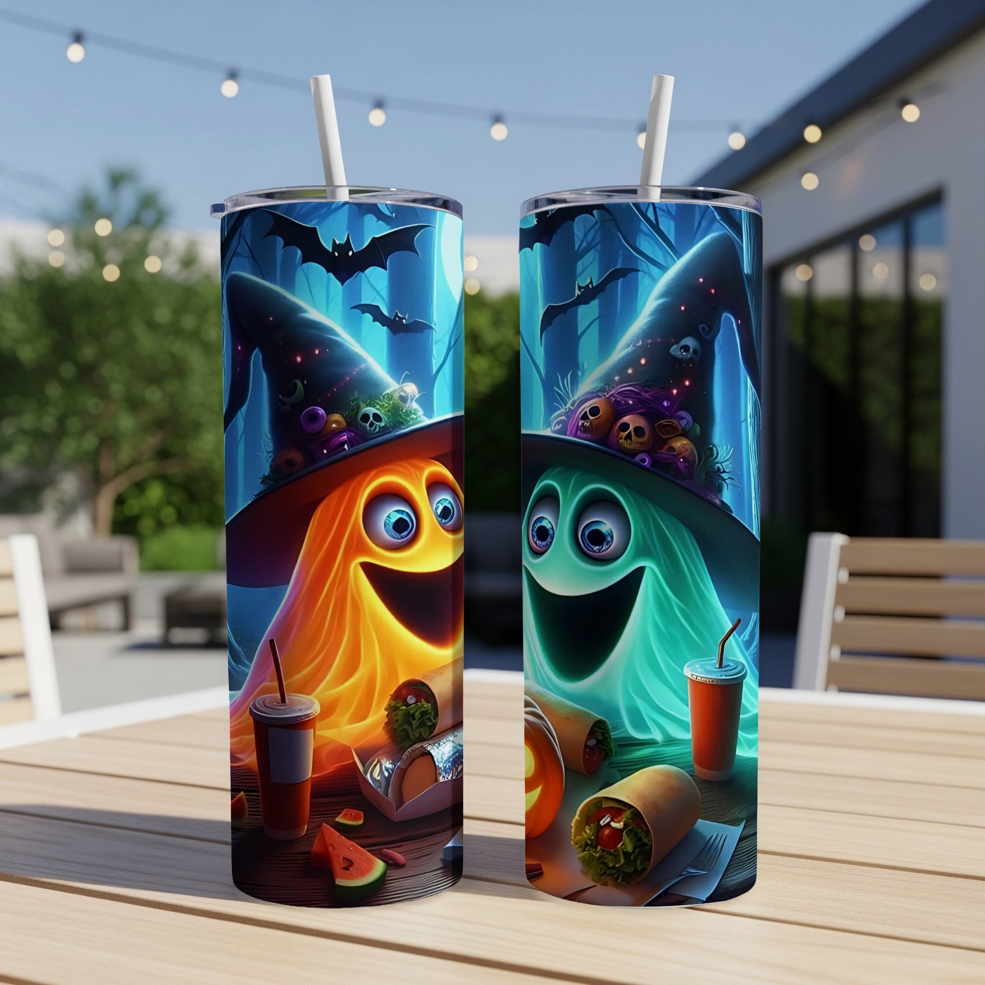 Two tumblers with Halloween ghost designs, drinks, and burritos on a table.