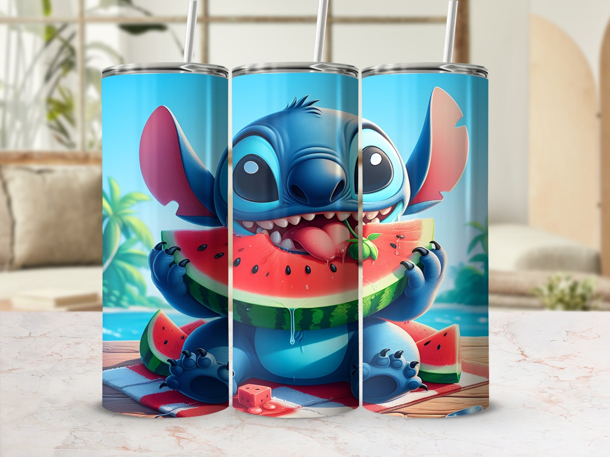 Blue alien character Stitch eating watermelon on a striped towel.