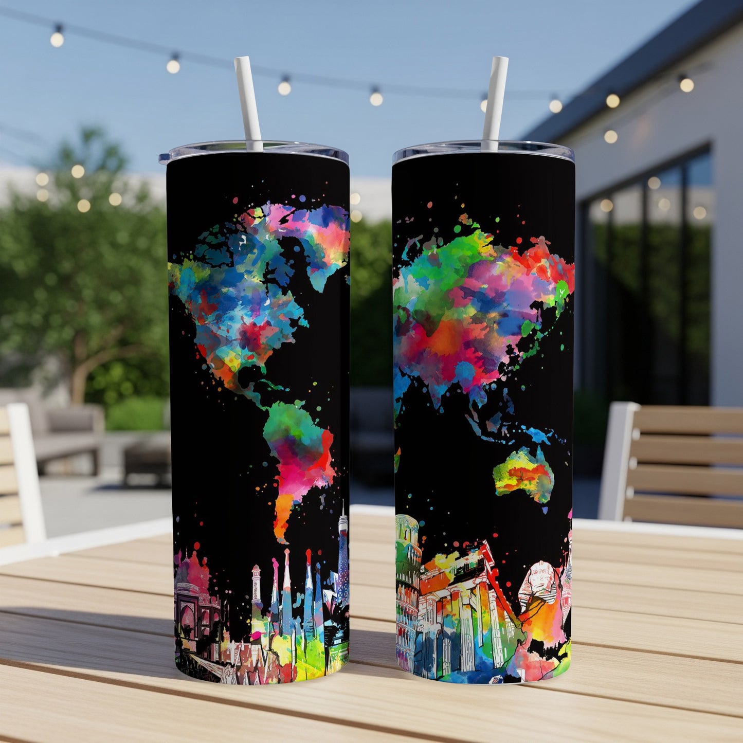 Two tumblers with colorful map and landmark designs on a black background.