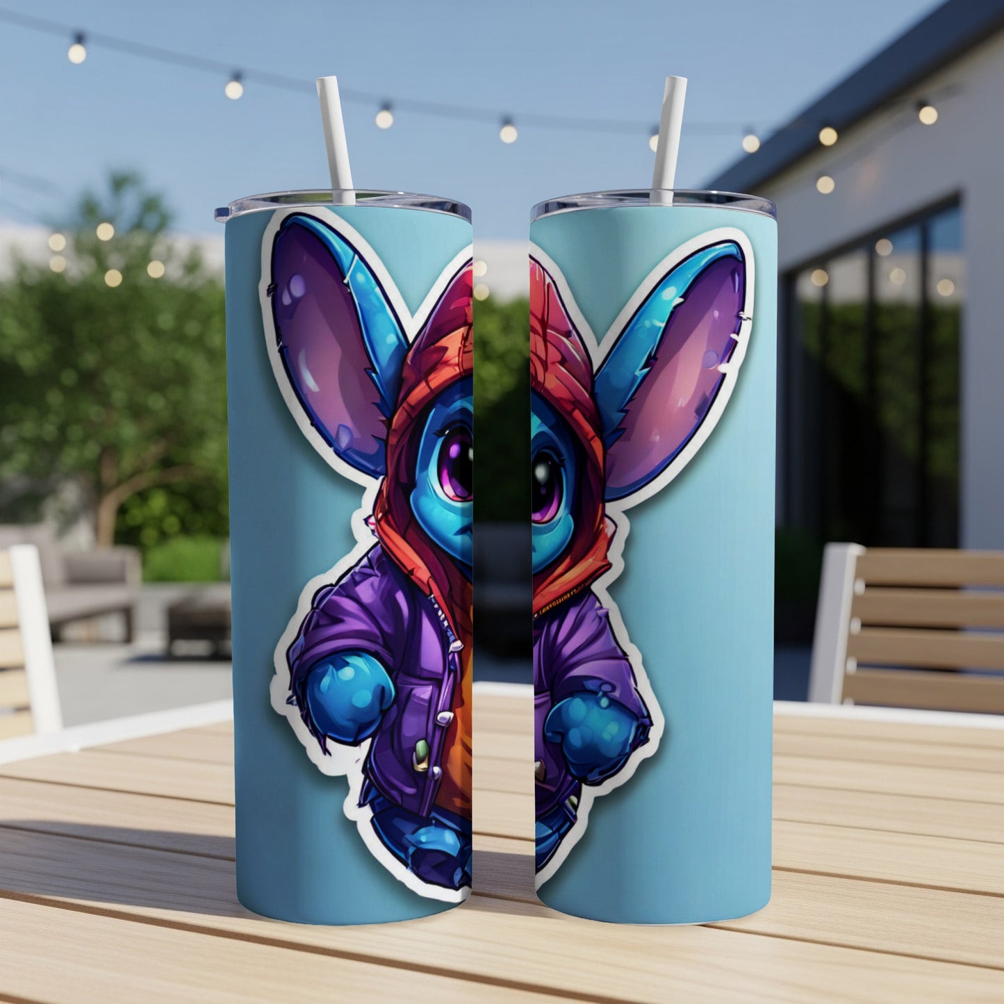 Cartoon Stitch wearing a hoodie and jacket on a light blue tumbler.
