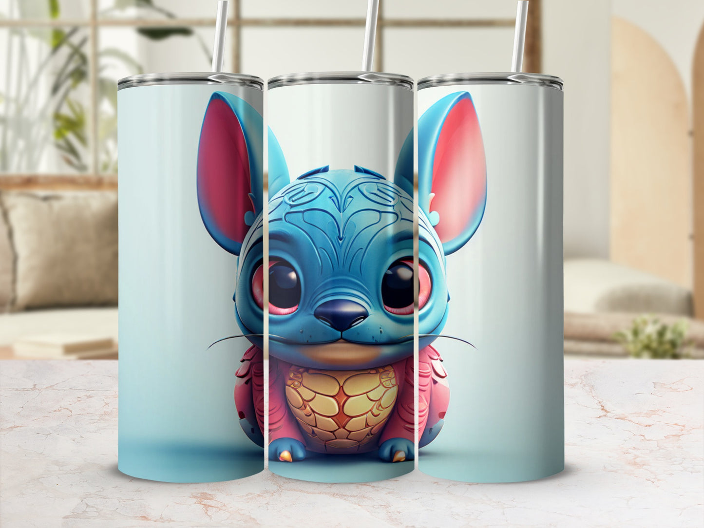 Three tumblers featuring a blue, cartoon alien with large ears and pink accents.