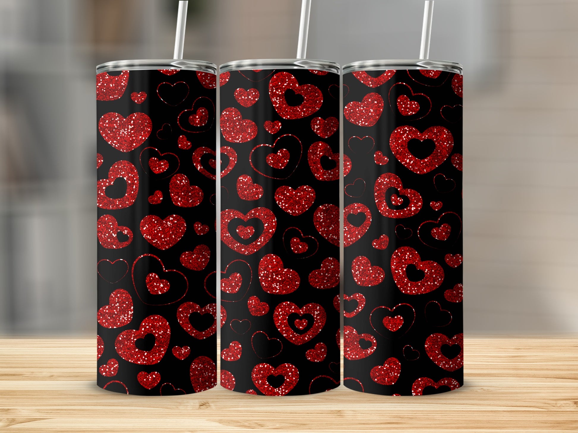 Sparkling Red Hearts on Black Background tumbler