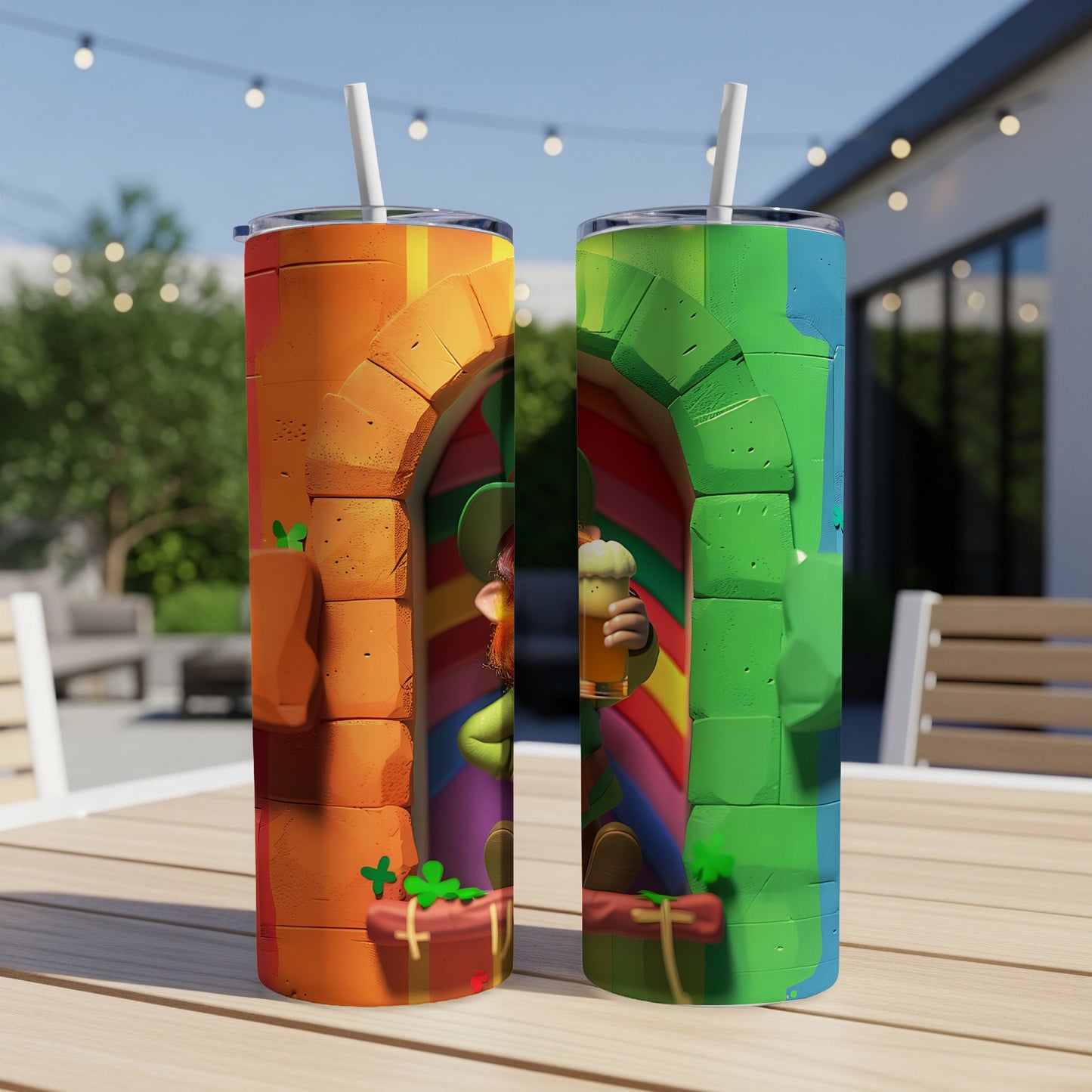 Leprechaun in colorful archway holding beer, on two tumblers.
