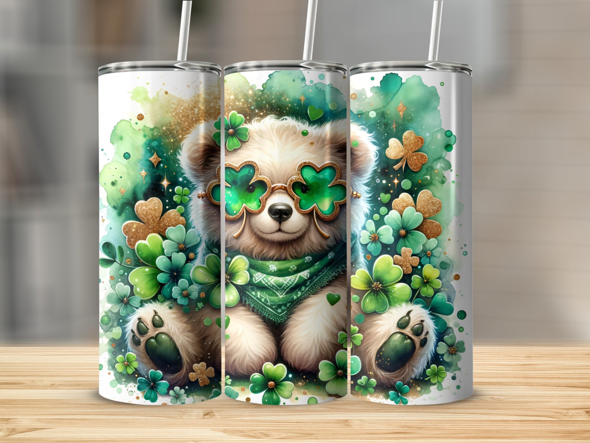 Fluffy bear with shamrock sunglasses, green bandana, surrounded by gold shamrocks.