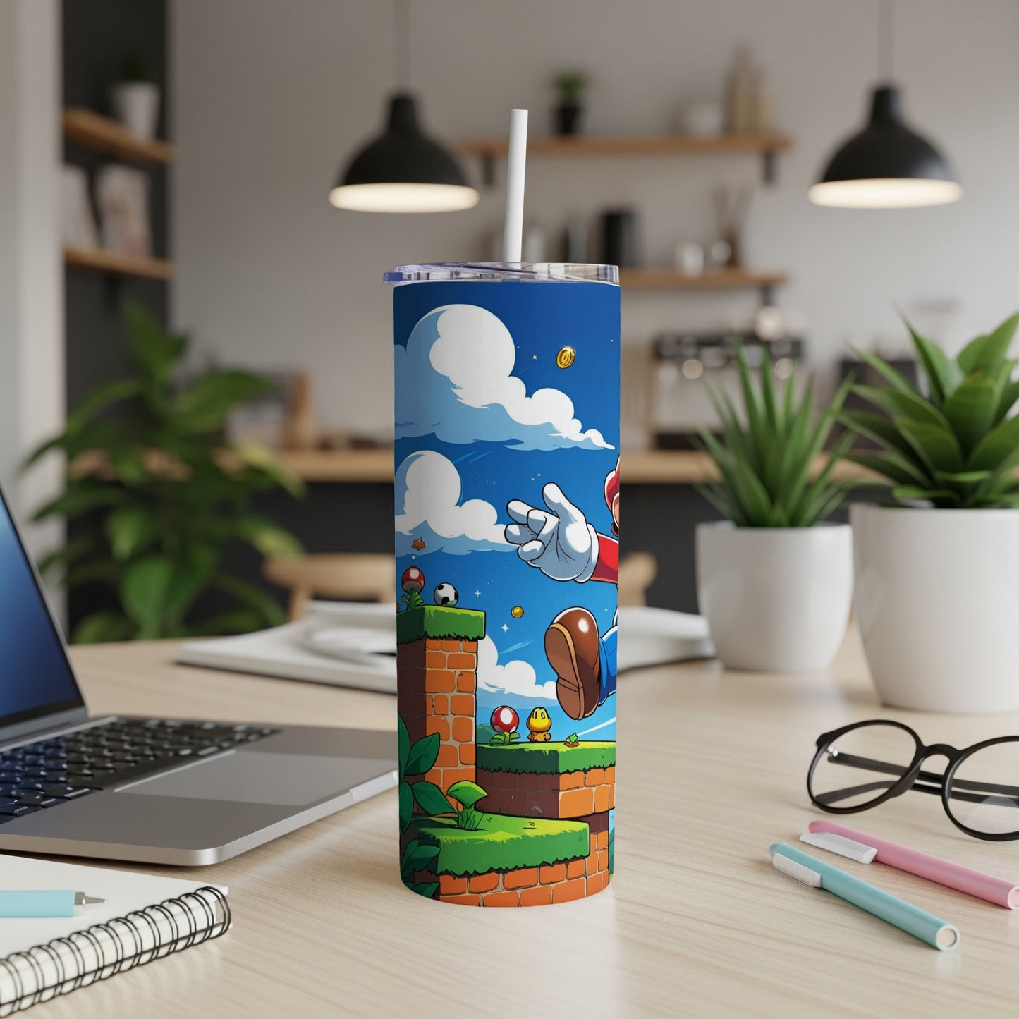 Mario character on brick blocks, holding a coin, with a straw in a tumbler.