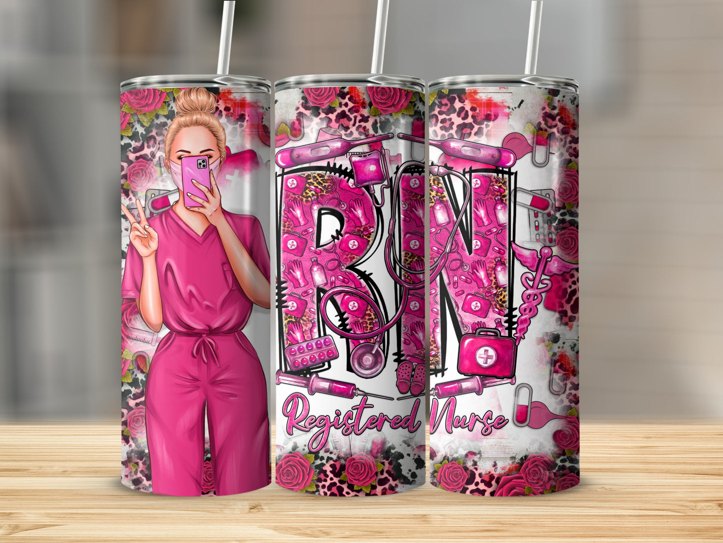 Nurse with peace sign and "Registered Nurse" text on pink floral tumbler.