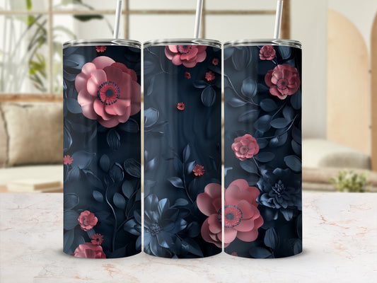 Dark floral tumbler with pink and blue flowers and leaves.