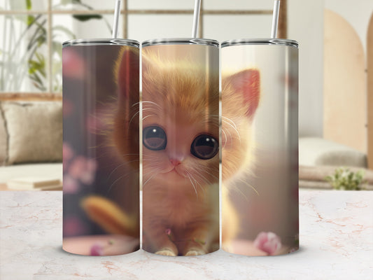 Triptych of a cute kitten's face on tumblers.